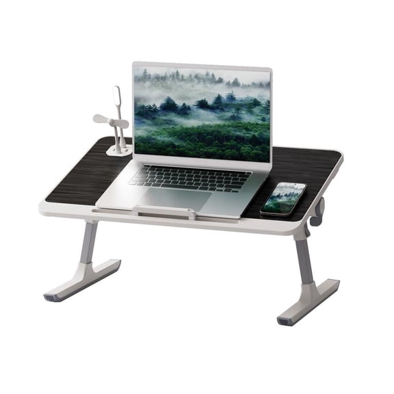 Mohsoe Laptop Bed Tray with USB Fan & Light, 5 Level Height Adjustment 27-40cm, 4 Angle Adjustment 0-45, Wide Non-Slip Desktop 60x40cm, Foldable for Couch Office, 24 x 16 x 16 Inch