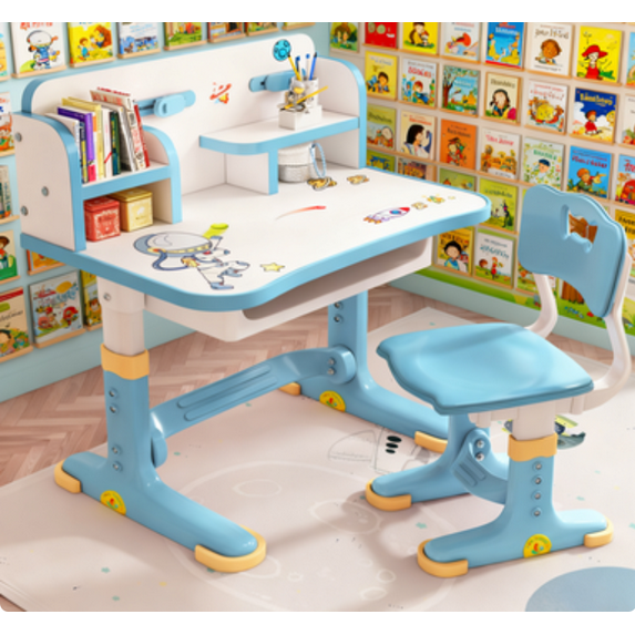 Mohsoe Large Capacity Drawer Kids Study Desk, Scientific Zones for Tidiness, Cartoon Pattern Adds Fun Blue