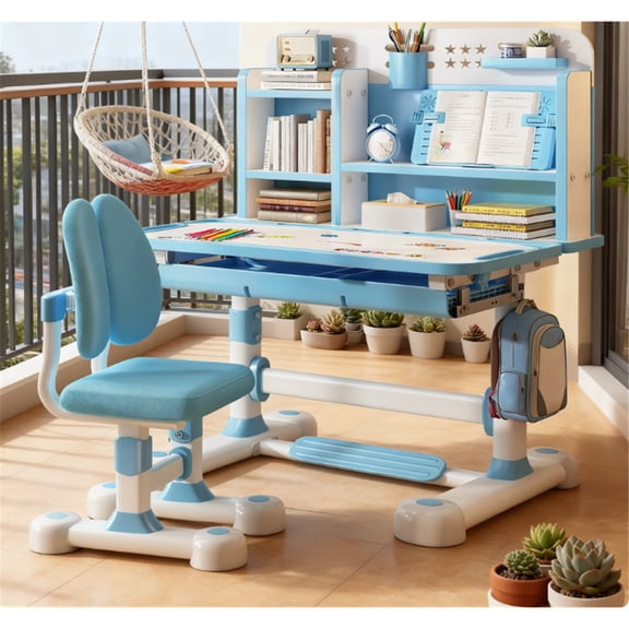 Mohsoe Large Capacity Kids Desk with Desktop & Bottom Storage Drawers, Scientific Zones Keep Study Area Tidy Blue