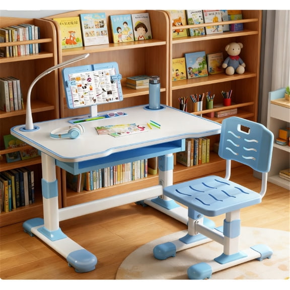 Mohsoe Large Capacity Kids Study Desk with Adjustable Reading Stand & Lamp, Cultivates Independent Study Habits Blue