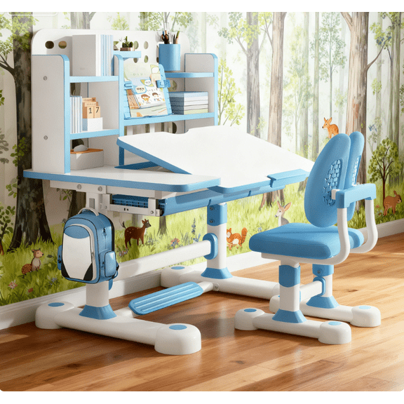Mohsoe Large Desktop Kids Study Desk Chair, Flexible Height Adjustment, for Ages 3-18 Growth Stages Blue