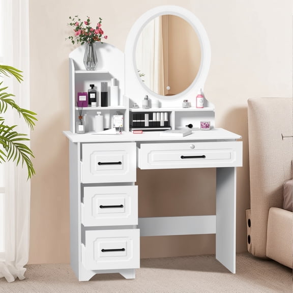 Mohsoe Large Mirror 3-Color Light European Style Lighted Makeup Vanity, 4-Drawer Large Capacity Dressing Table with 3 Open Shelves & Vintage Handles, Easy Assembly, 137cm High