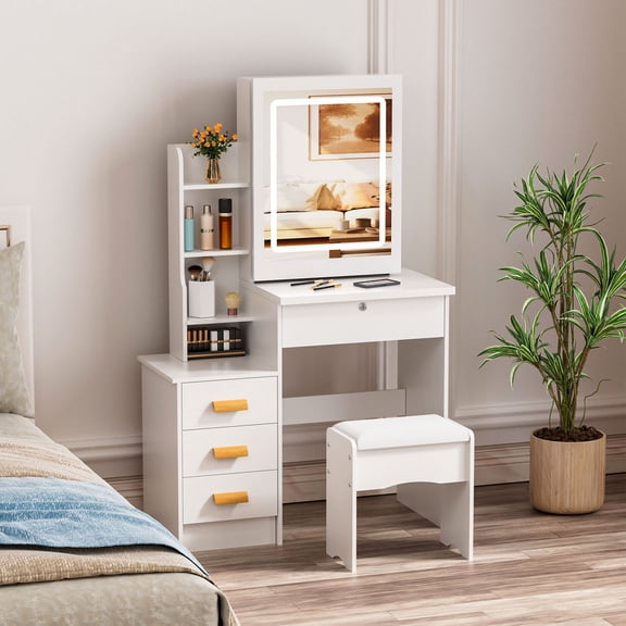 Mohsoe Lighted Makeup Vanity Table Modern Simple Dressing Desk, Sliding Mirror 4-Drawer Storage Bedroom Furniture, 3-Color Dimmable Light, Gift for Valentine's/Mother's Day, 80x36.5x130cm