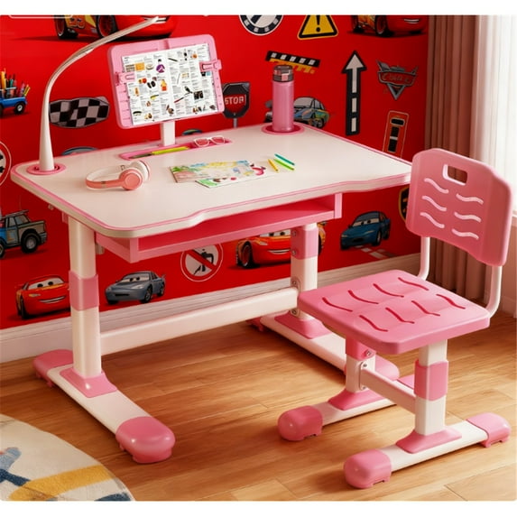 Mohsoe Multifunctional Kids Study Workstation, Integrates Desk, Reading Stand & Lamp, Space-Saving & Practical Pink