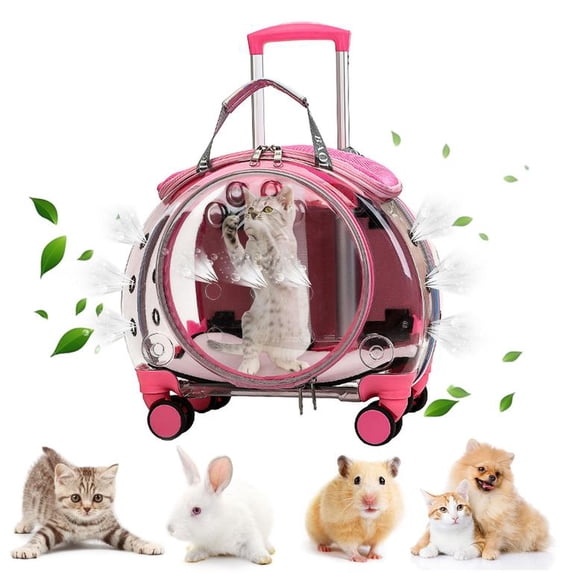 Mohsoe Pet Travel Trolley Case Pink on Wheels, Rolling Carrier for Cats Small Dogs, Silent Universal Casters, Telescopic Pull Rod, Removable Strap, for Outdoor Excursions, 17 x 12 x 16 Inch
