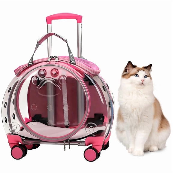 Mohsoe Rolling Pink Pet Carrier Trolley Case, Cat Dog Travel Suitcase with Silent Shock-Absorbing Wheels, Telescopic Rod & Shoulder Strap, for Camping Hiking, 17 x 12 x 16 Inch