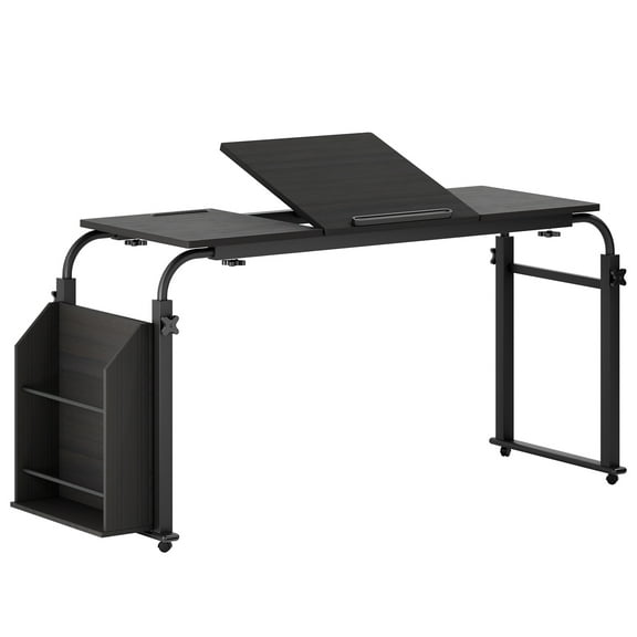 Mohsoe Professional Adjustable Overbed Table, Tilt Top & Side Bookshelf 350lb Capacity Locking Wheels Black L