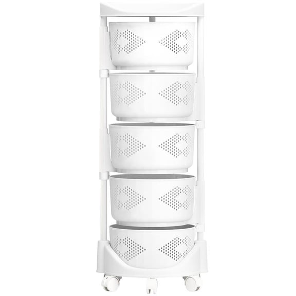 Mohsoe Rotating Kitchen Storage Cart 5 Tier, 360 Swivel Fruit Vegetable Basket with 5 Lockable Casters, Mesh Ventilated PP Plastic Organizer, Adjustable Height, Space Saving, 14 x 14 x 35 Inch