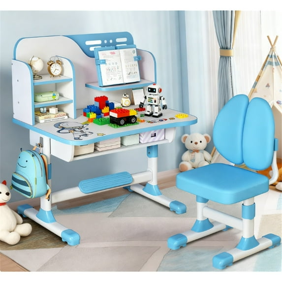 Mohsoe Scientifically Designed Kids Desk Chair Set, Widened Writing Area for Comfort, Easy Setup Ready to Use Blue