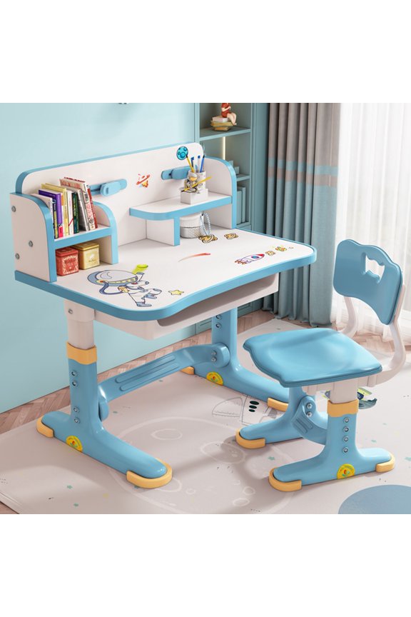 Spine Protection Study Chair, Breathable Hollow Design Ergonomic Seat with Matching Desk 150kg Capacity (Blue)