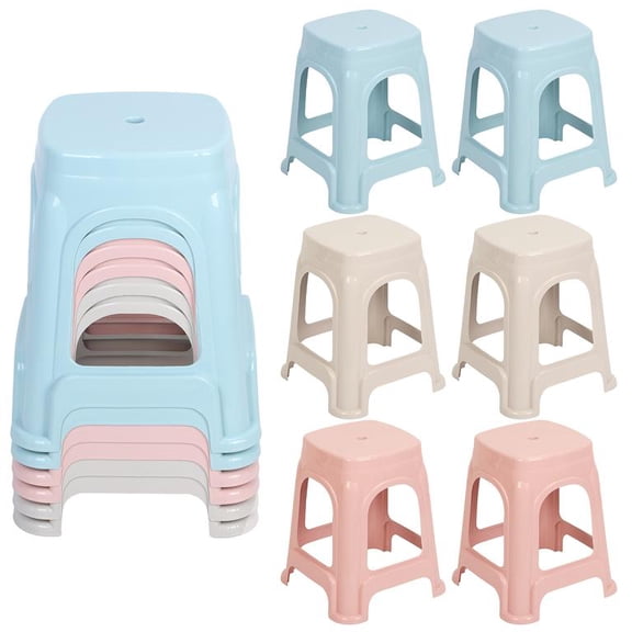 Mohsoe Stackable Plastic Stools 6 Pack, Kids Classroom Chairs 3 Colors, Square Shape Anti-Slip, Scratch Resistant PP, Stackable for Storage, 11 x 11 x 18 Inch