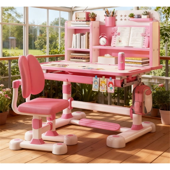 Mohsoe Top Home Choice Kids Study Desk Chair, Combines Posture Correction & Eye-Care Book Stand, Star Holes for Time Management Pink