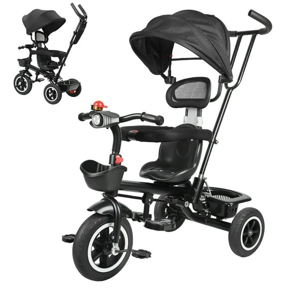 Mohsoe Tricycle for Ages 3-6, 6-in-1 Multi-Function 75kg Capacity Foldable, with Music Headlights & Removable Canopy, Parent Push Handle Assistance