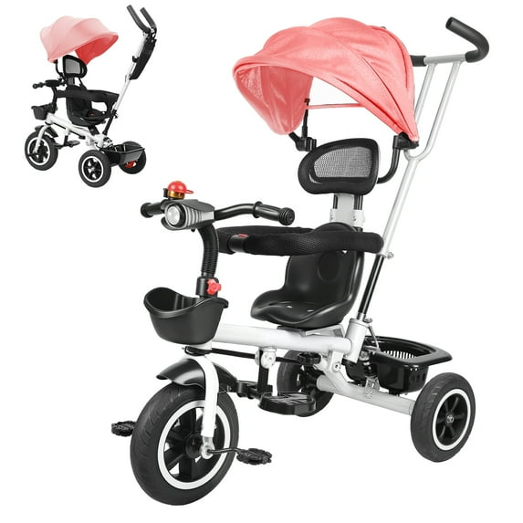 Mohsoe Tricycle for Ages 3-6, 6-in-1 Multi-Function 75kg Capacity Foldable, with Music Headlights & Removable Canopy, Parent Push Handle Assistance