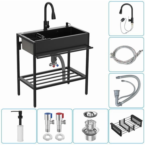 Mohsoe Utility Sink 31.5 x 17.7 x 33.9 Inch, Single Bowl Stainless Steel Sink with Hot Cold Faucet, Built-In Storage Shelf & Towel Rack, for Laundry Kitchen Garage