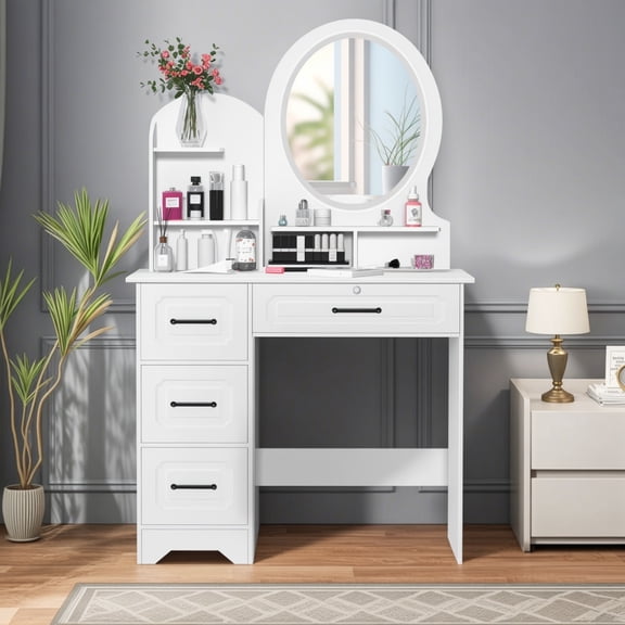 Mohsoe Vanity Table with 3-Color LED Mirror & 4 Drawers,European Style Makeup Desk with Open Shelves (White)