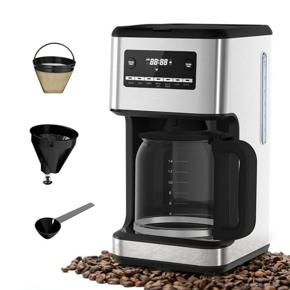 Moifoi 14-Cup Stainless Steel Programmable Coffee Maker: 24H Scheduling, Self-Clean, Large Glass Carafe, Reusable Filter, for Home/Office