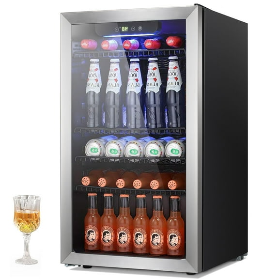 Moifoi 3.2 Cu.ft 126-Can Beverage Center Refrigerator, Electronic Temperature Mini Fridge w/ Glass Door and Adjustable Removable Shelves, for Home and Office, Silver