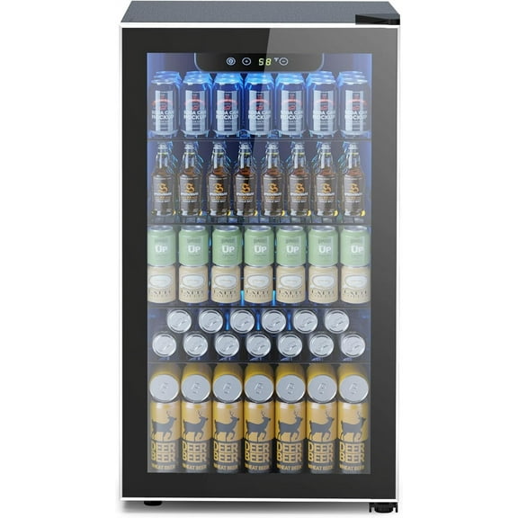 Moifoi 3.2 cu.ft Wine Cooler, 26 Bottle 130 Can Beverage Refrigerator, Adjust Temp Freestanding Bar Wine Cellar for Beer, Soda, Clear Glass Door, Black