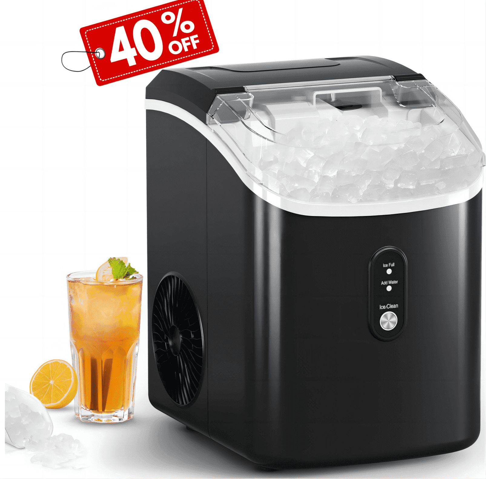 Moifoi 33lbs Countertop Nugget Ice Maker, Potable with Scoop, Soft Nugget Ice Ready in 7mins, Black