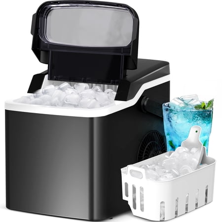 Moifoi Countertop Ice Maker, 2 Sizes of Bullet Ice Cubes, Machine with Handle and Ice Scoop, for Home/Kitchen/Office, Black