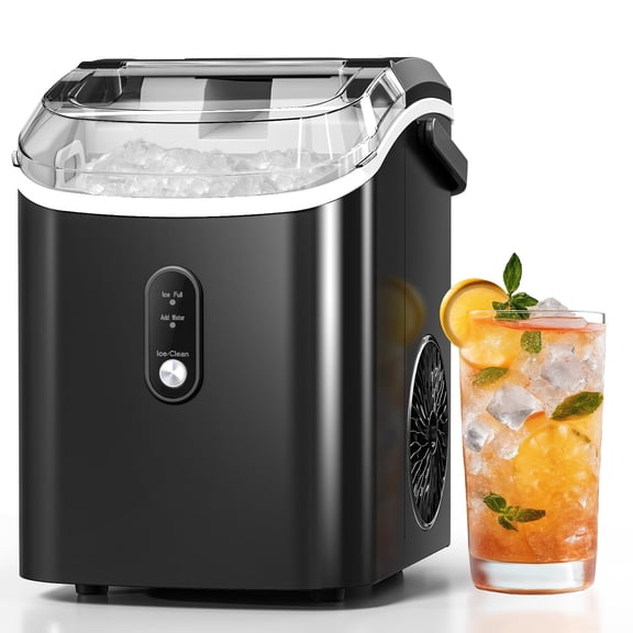 Moifoi Nugget Ice Maker Countertop with Handle, Ready in 6 Mins, 34lbs Per Day, Removable Top Cover, Auto-Cleaning, Portable Sonic Ice Machine with Basket and Scoop