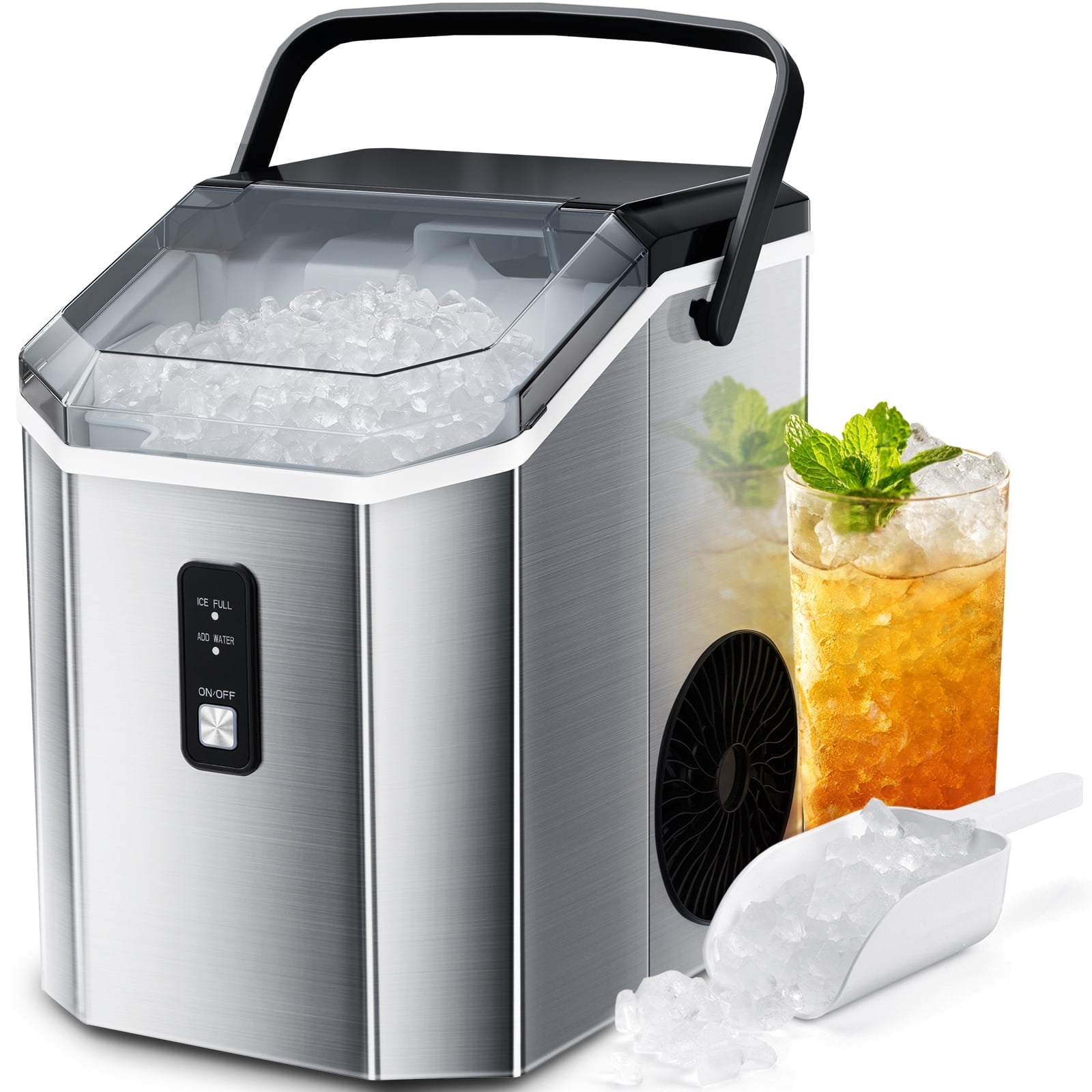 Moifoi Countertop Ice Maker, Nugget Chewable Soft Ice, 34 lbs/24 H, Self-Cleaning, Portable/Compact, Basket & Scoop, Silver