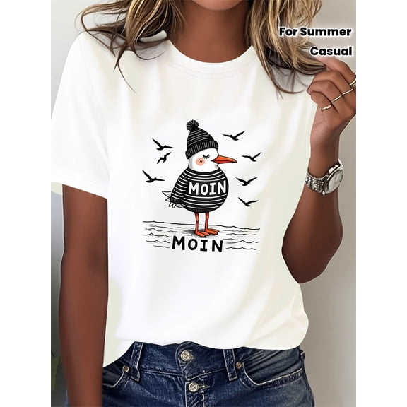 Moin Striped Seagull & Wave Graphic Print Crew Neck Short Sleeve Casual T-Shirt