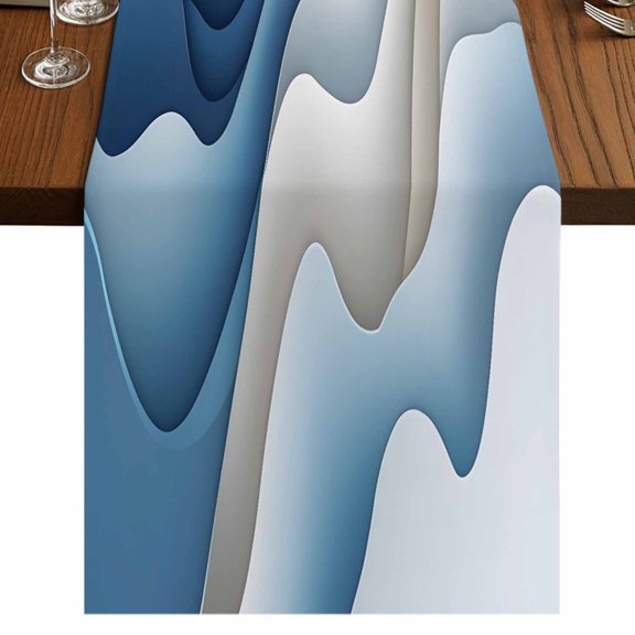 Moire Blue Brown 70 Inch Table Runner, Ombre Contemporary Abstract Geometric Farmhouse Dresser Scarf Cotton & Linen Tablerunner for Dining/Kitchen Island/Holiday Party Décor 13" x 70"
