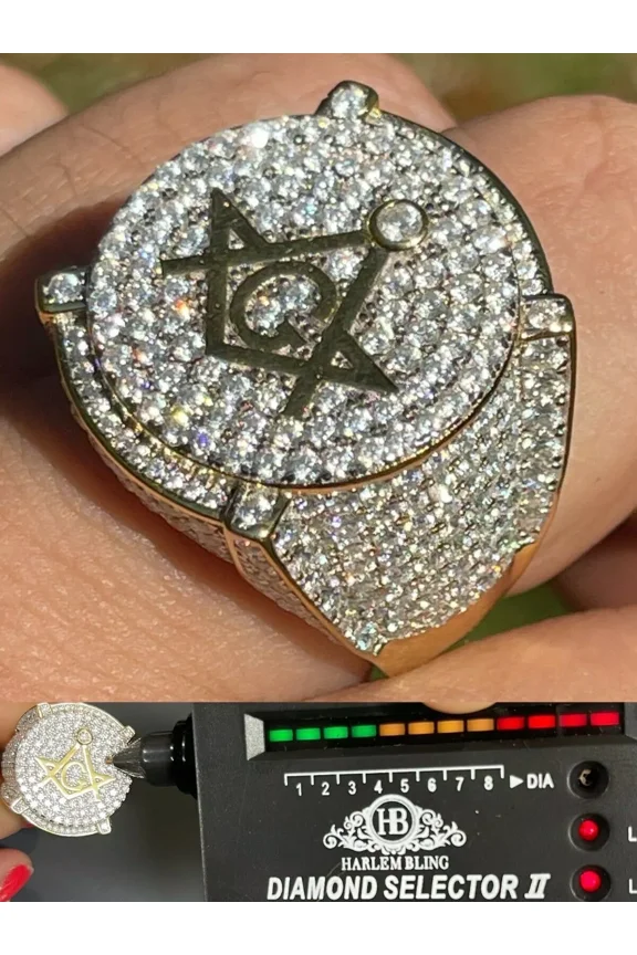 "Moissanite 14K Gold Plated 925 Silver Masonic Ring - Passes Test, Pinky Hip Hop Mason"