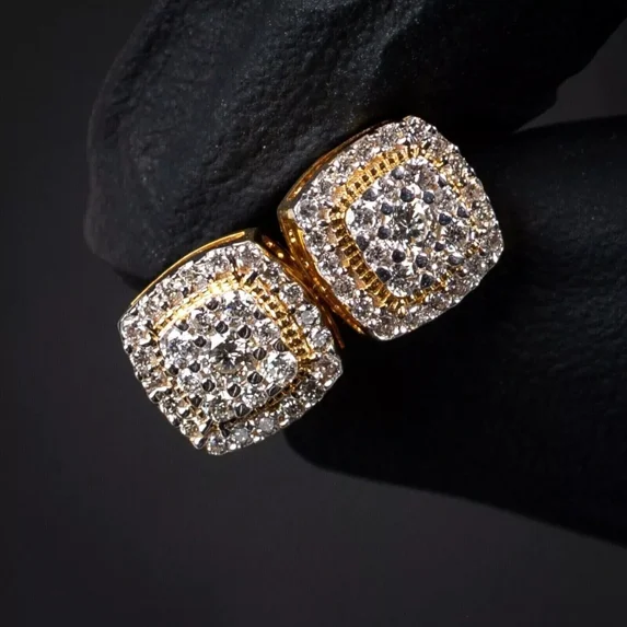 Moissanite 2 Ct Round Cut White Men's Cluster Stud Earrings 14K Yellow Gold Plated
