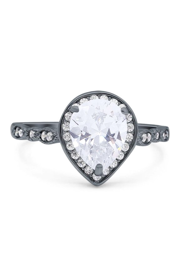 Moissanite Black Tone Silver Size-5 Pear Teardrop Vintage Rings Marquise Style Halo CZ Wedding Engagement Ring For Women 925 Sterling Silver Gifts For Her