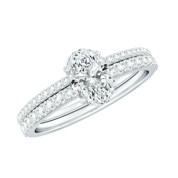Rosec Jewels Moissanite Bridal Ring Set of 2, (5X7 mm) Oval Solitaire Engagement Ring with Band, 14K White Gold, US 3.50
