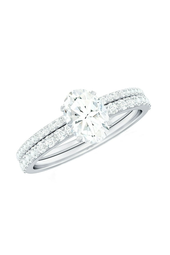 Moissanite Bridal Ring Set of 2, (5X7 mm) Oval Solitaire Engagement Ring with Band, 14K White Gold, US 5.50