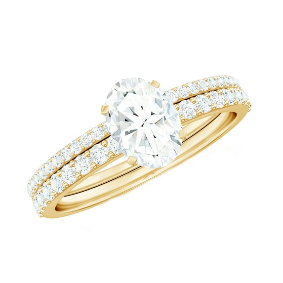 Rosec Jewels Moissanite Bridal Ring Set of 2, (5X7 mm) Oval Solitaire Engagement Ring with Band, 18K Yellow Gold, US 6.00
