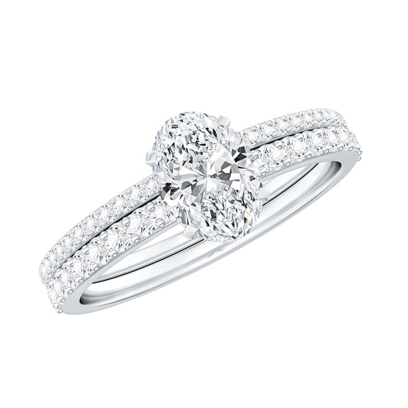 Rosec Jewels Moissanite Bridal Ring Set of 2, (5X7 mm) Oval Solitaire Engagement Ring with Band, 925 Sterling Silver, US 5.50