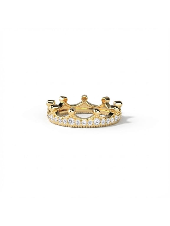 Moissanite Crown Ring 14k Yellow Gold Plated Royal Tiara Princess Cut Style Stackable Wedding Band Promise Ring for Women