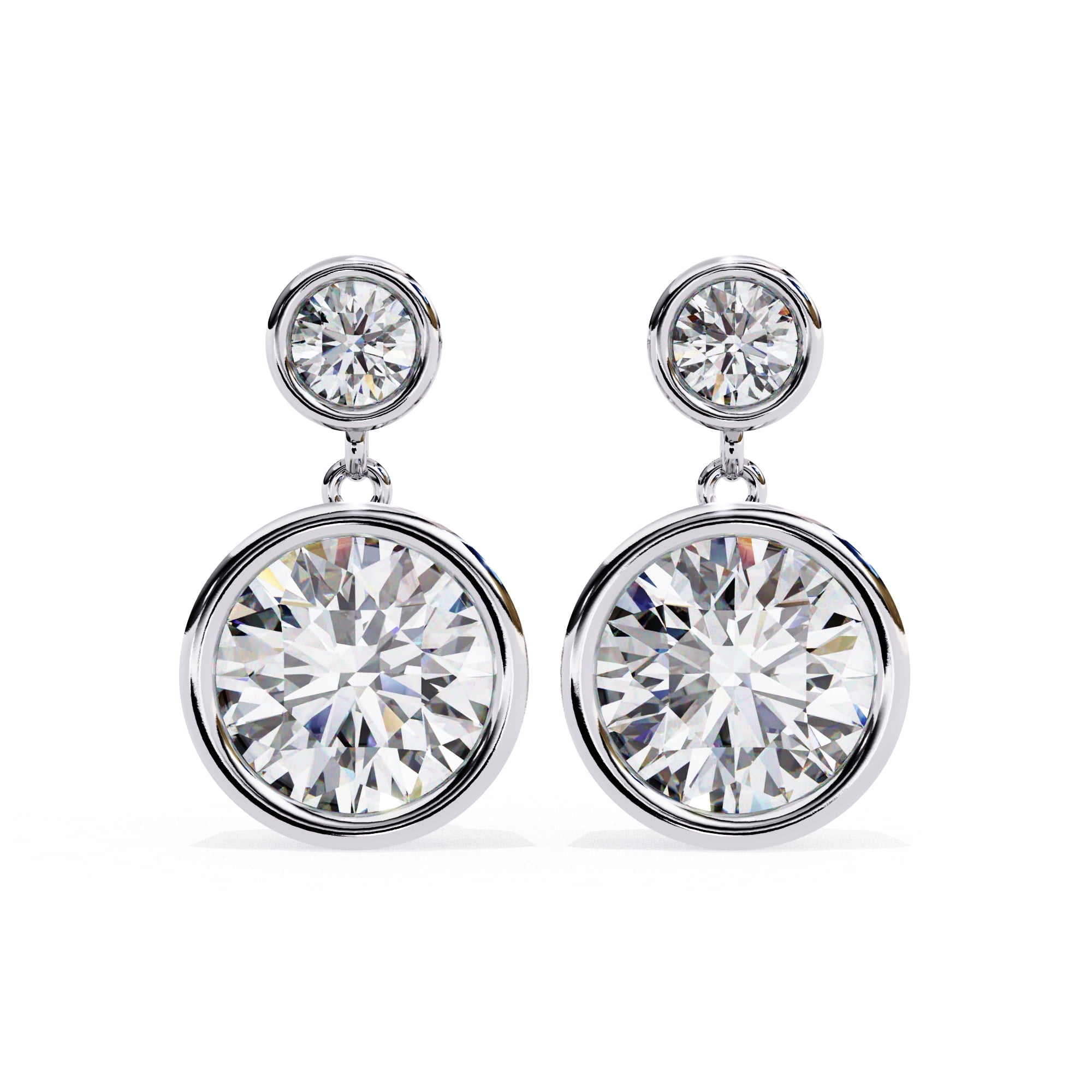 Moissanite Diamond Drop Earrings in Sterling Silver, Round Cut 6mm & 2.7mm Bezel Set with Screw Back