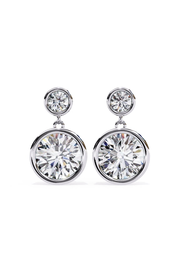 Moissanite Diamond Drop Earrings in Sterling Silver, Round Cut 6mm & 2.7mm Bezel Set with Screw Back