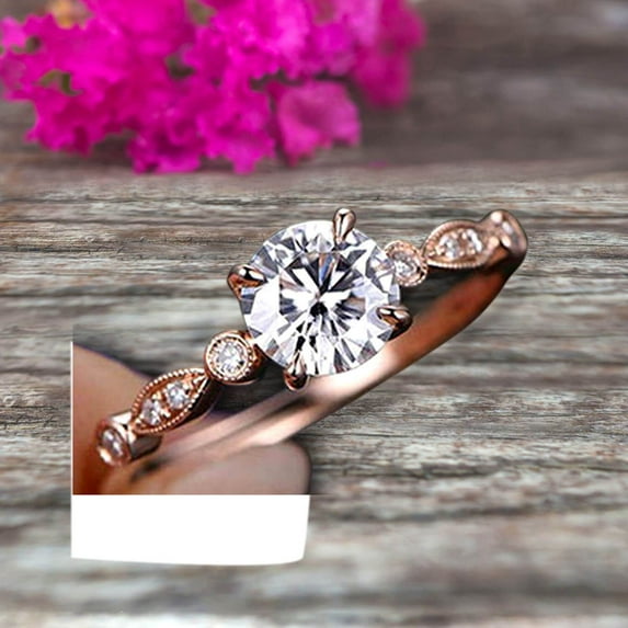Moissanite Diamond Engagement ring Classic Vintage Style 1.50 Carat Art Deco ring on 10k Rose Gold