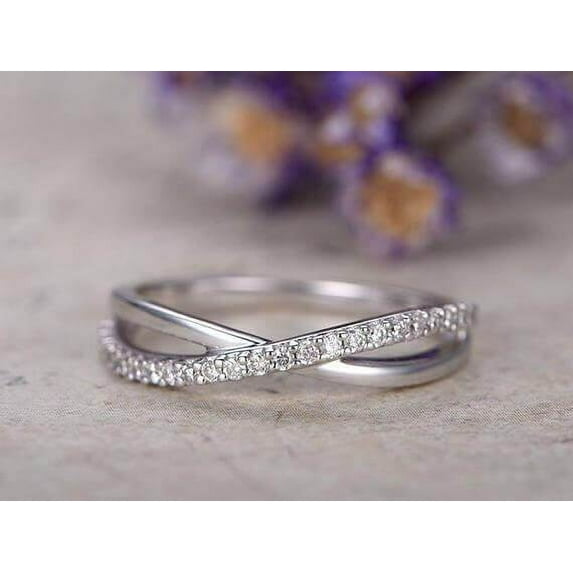 Moissanite Diamond Wedding Bands women half Eternity solid 10k white gold Engagement Ring stacking matching band loop curved