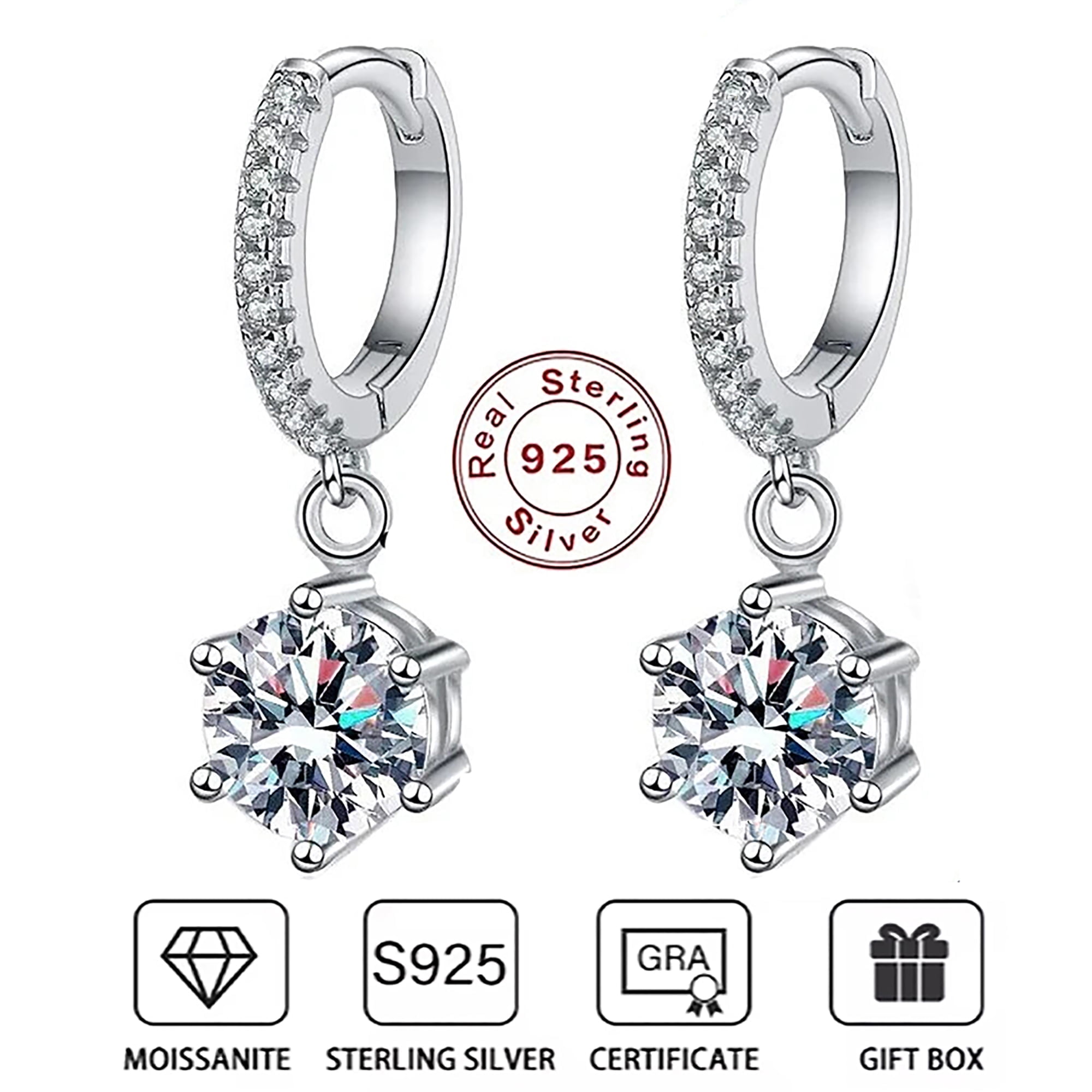 Moissanite Earrings for Women Hypoallergenic Drop Dangle Earrings D Color Round Cut Earrings 18K White Gold Plated S925 Sterling Silver Earrings 1.0ct Leverback