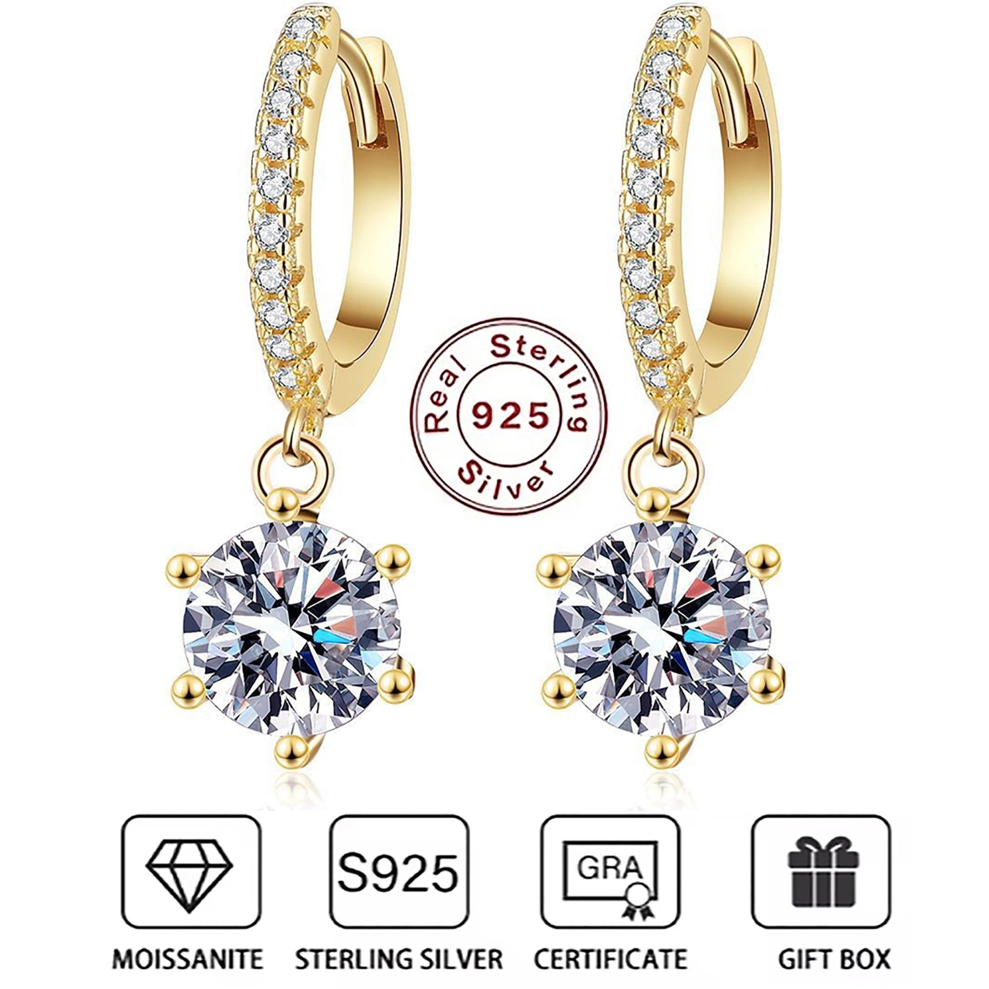 Moissanite Earrings for Women Hypoallergenic Drop Dangle Earrings D Color Round Cut Earrings 18K Yellow Gold Plated S925 Sterling Silver Earrings 1.0ct Leverback