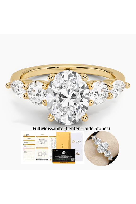 Moissanite Engagement Graduated Pave 1CT Oval Cut Full Moissanite Ring 18K Gold Plated on 925 Sterling Silver Wedding Promise Ring for Her D Color VVS1 Clarity with GRA Certificate Size 5-9