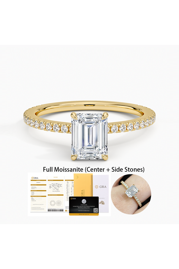 Moissanite Engagement Three-Quarter Coverage 1CT Emerald Cut Full Moissanite Ring 18K Gold Plated on 925 Sterling Silver Wedding Promise Ring for Her D Color VVS1 Clarity with GRA Certificate