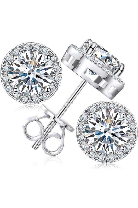 Moissanite Halo Earrings Stud Screw Back 0.2-8.0ct 3-10mm 18K White Gold Plated 925 Sterling Silver Lab Round Cut Brilliant Moissanite Diamond Halo Earrings for Women Men