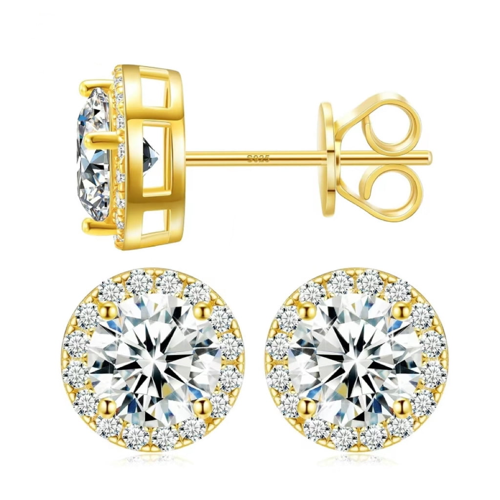 Moissanite Halo Earrings Stud Screw Back 0.2-8.0ct 3-10mm 18K White Gold Plated 925 Sterling Silver Lab Round Cut Brilliant Moissanite Halo Earrings for Women Men
