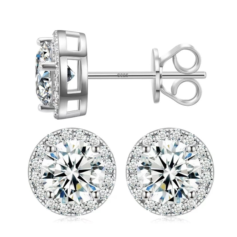 Moissanite Halo Earrings Stud Screw Back 0.2-8.0ct 3-10mm 18K White Gold Plated 925 Sterling Silver Lab Round Cut Brilliant Moissanite Halo Earrings for Women Men