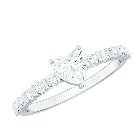 Rosec Jewels Moissanite Heart Promise Engagement Ring with Side Stones (5 mm, D-VS1 Grade), 14K White Gold, US 9.50