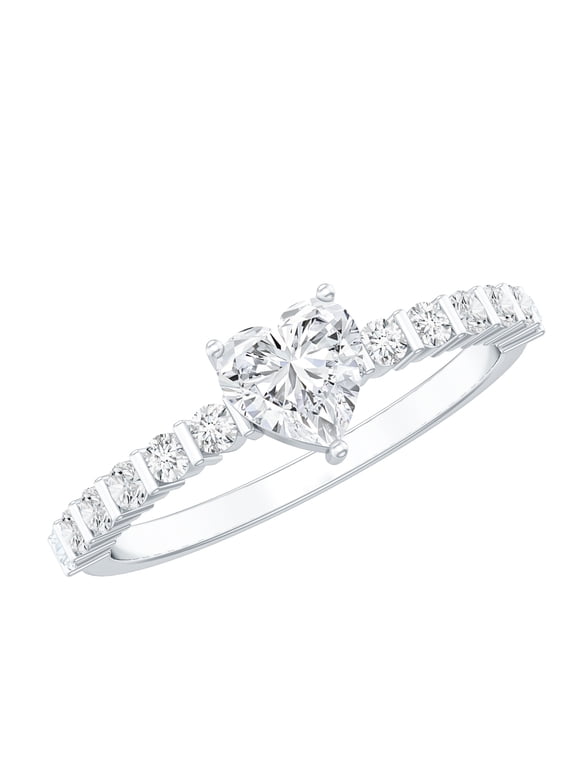 Moissanite Heart Promise Engagement Ring with Side Stones (5 mm, D-VS1 Grade), 925 Sterling Silver, US 4.00